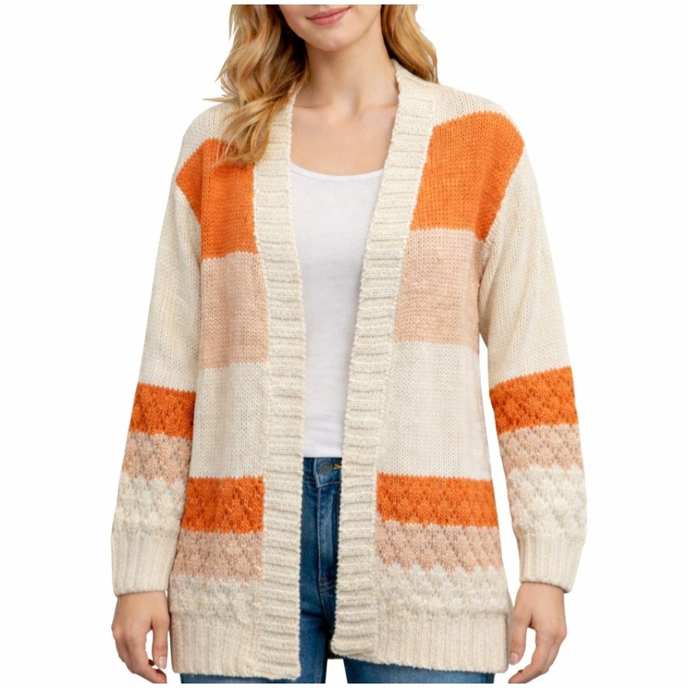 Orange Cream Colorblock Striped Chunky‎ Knit Open Front Cardigan Sz 160